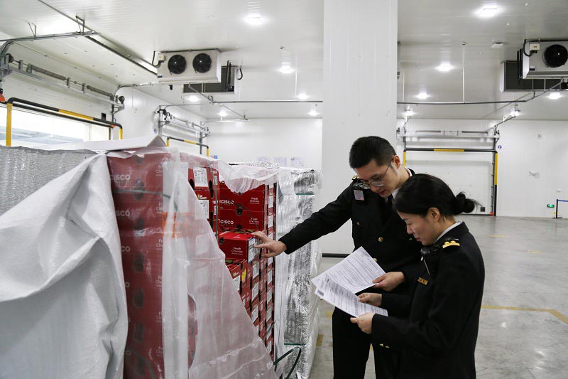 宁波机场海关关员对进口车厘子开展查验