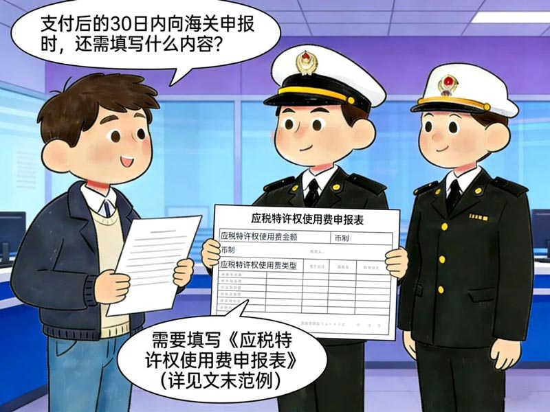 特许权使用费支付后的30天内向海关申报时，还需要填写什么内容？