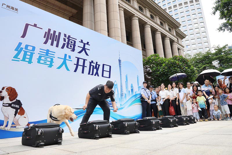 广州海关缉毒犬现场进行箱包藏毒搜索展示